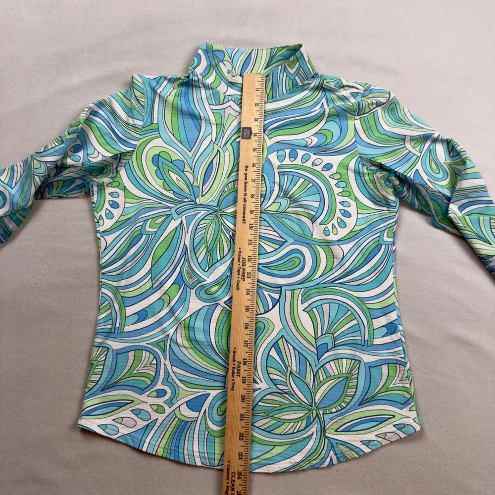 Icikuls Womens Sun Shirt Blue Green Geometric Print Quarter Zip Pullover Medium - Picture 5 of 7